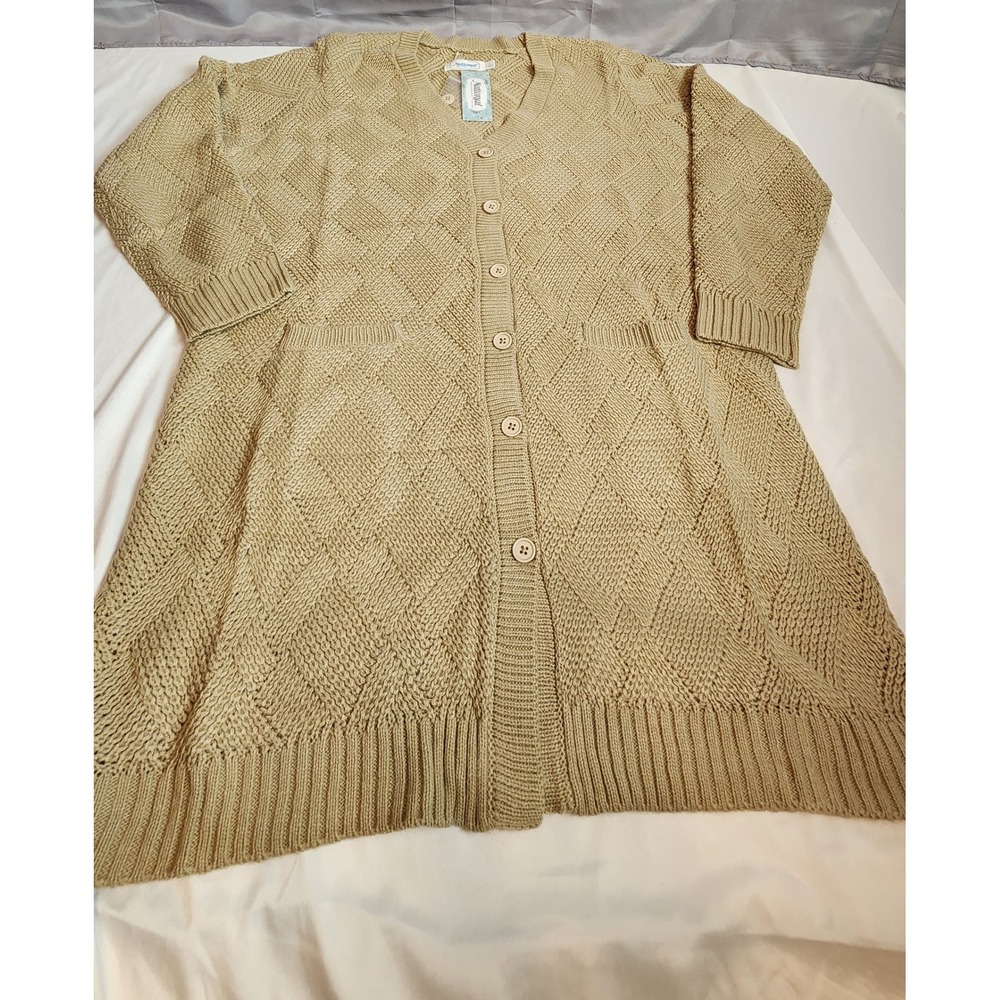 National Tan Diamond Knit Longline Cardigan Sweater Womens Large Beige Boho NEW